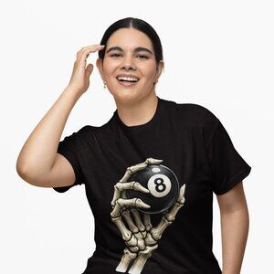 Stand out with this skeleton hand 8-ball billiards t-shirt, featuring a bold and